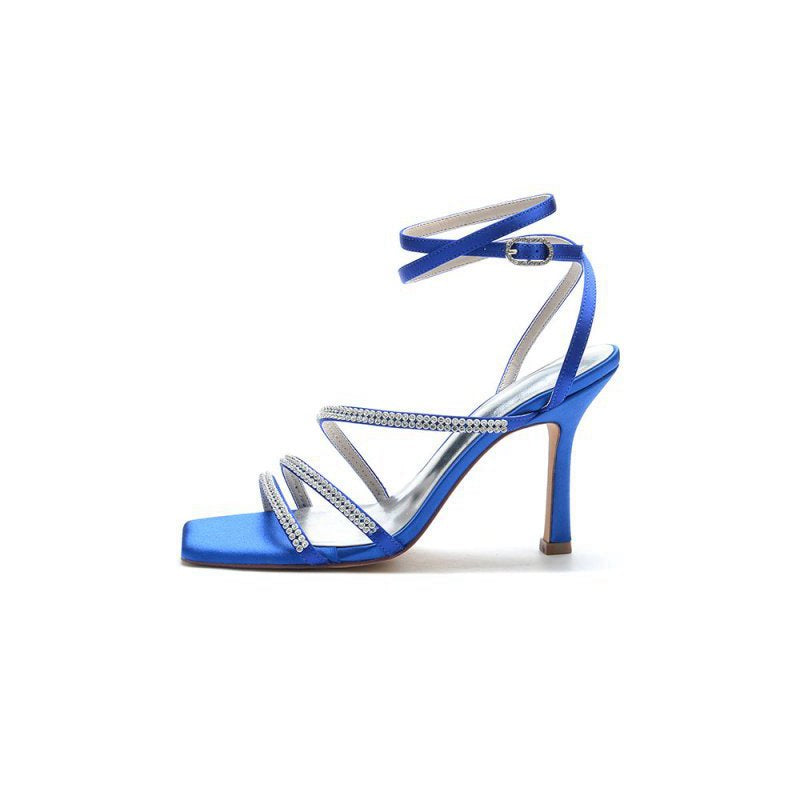 Multi Crystal Straps Square Open Toe Chunky Heels