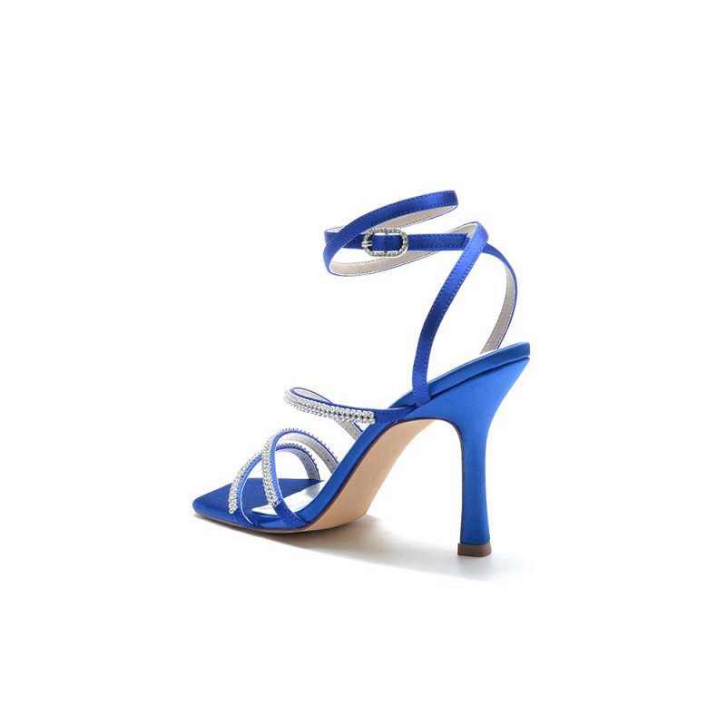Multi Crystal Straps Square Open Toe Chunky Heels