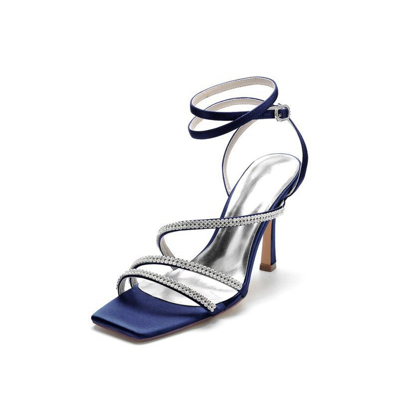 Multi Crystal Straps Square Open Toe Chunky Heels