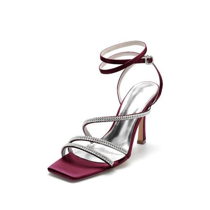 Multi Crystal Straps Square Open Toe Chunky Heels