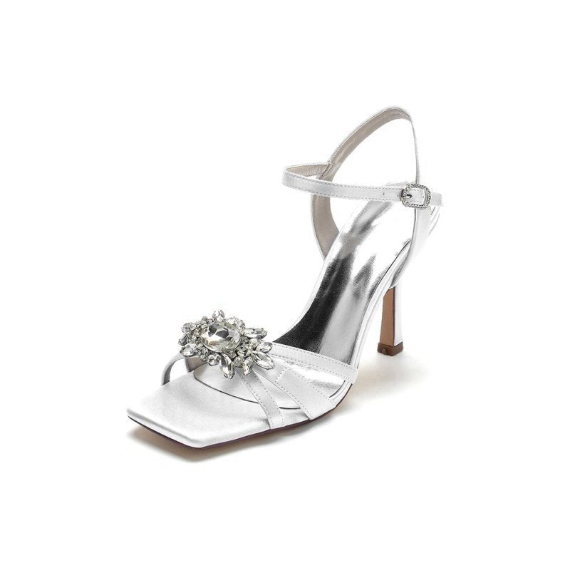 Buckle Strap Crystal Flowers Square Open Toe Chunky Heels