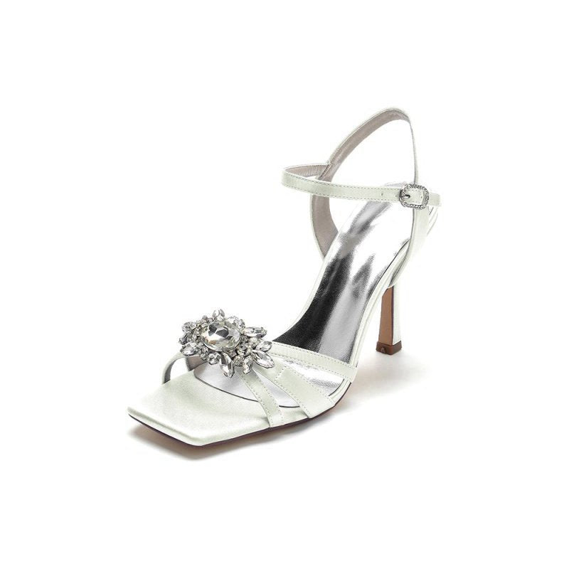 Buckle Strap Crystal Flowers Square Open Toe Chunky Heels