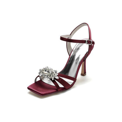 Buckle Strap Crystal Flowers Square Open Toe Chunky Heels