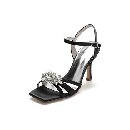 Buckle Strap Crystal Flowers Square Open Toe Chunky Heels