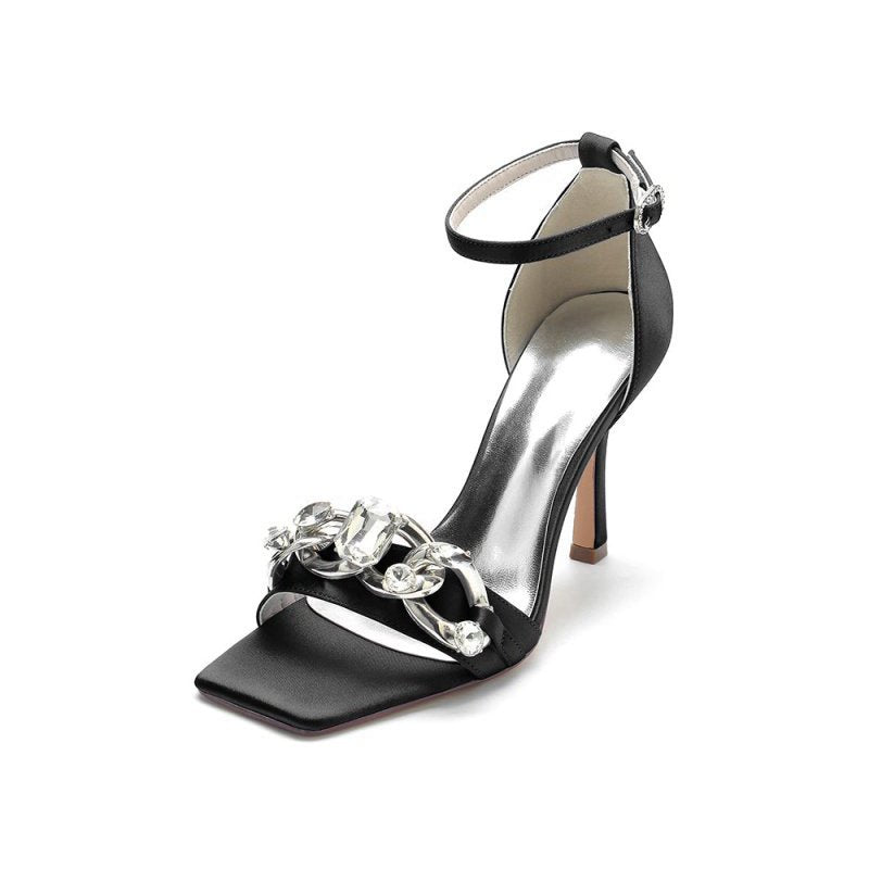 Buckle Strap Chain Square Open Toe Chunky Heels