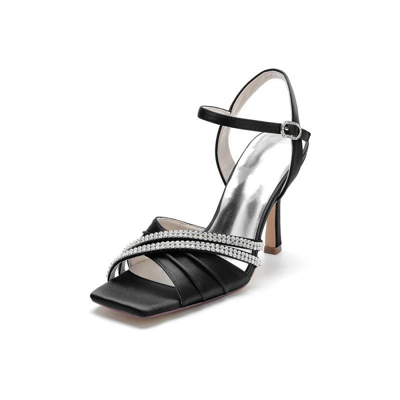 Crystal Straps Square Open Toe Chunky Heels