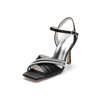 Crystal Straps Square Open Toe Chunky Heels