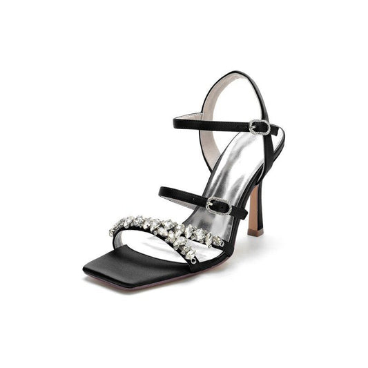 Crystal Buckle Straps Square Open Toe Chunky Heels