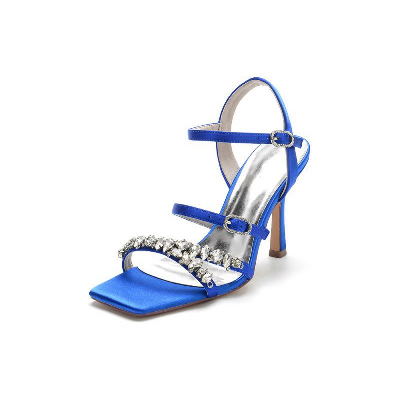 Crystal Buckle Straps Square Open Toe Chunky Heels