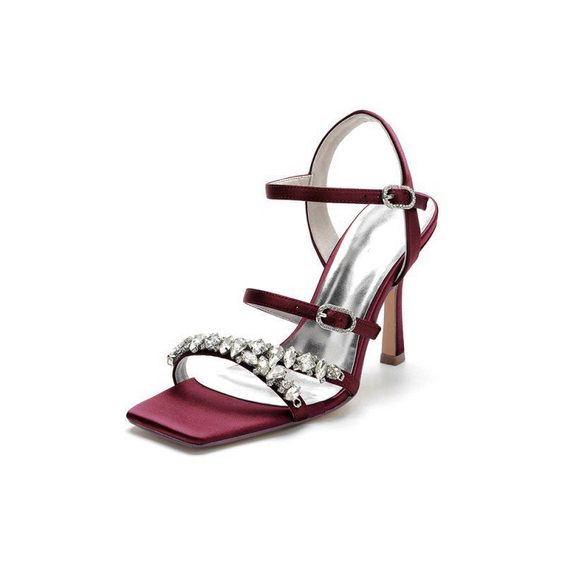 Crystal Buckle Straps Square Open Toe Chunky Heels