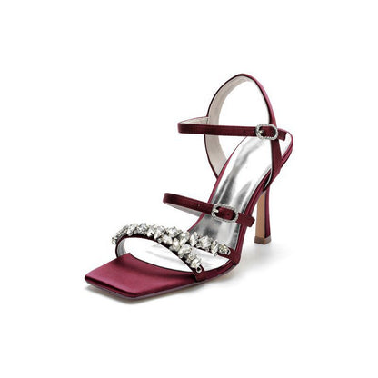 Crystal Buckle Straps Square Open Toe Chunky Heels