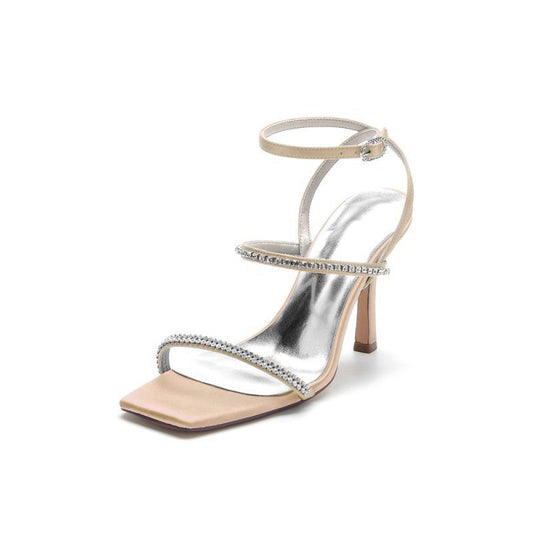 Crystal Cross Straps Square Open Toe Chunky Heels