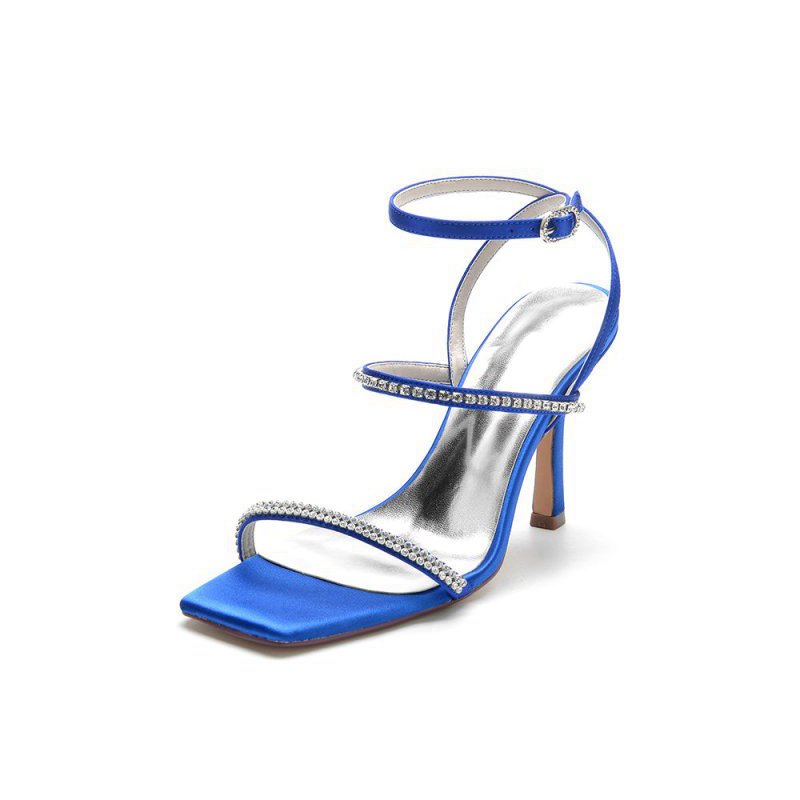 Crystal Cross Straps Square Open Toe Chunky Heels