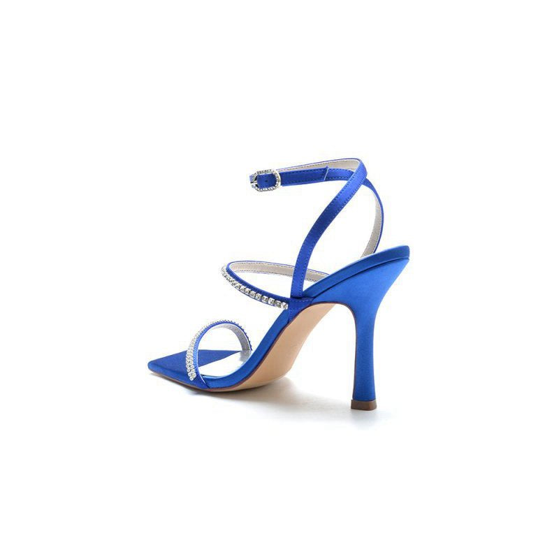 Crystal Cross Straps Square Open Toe Chunky Heels