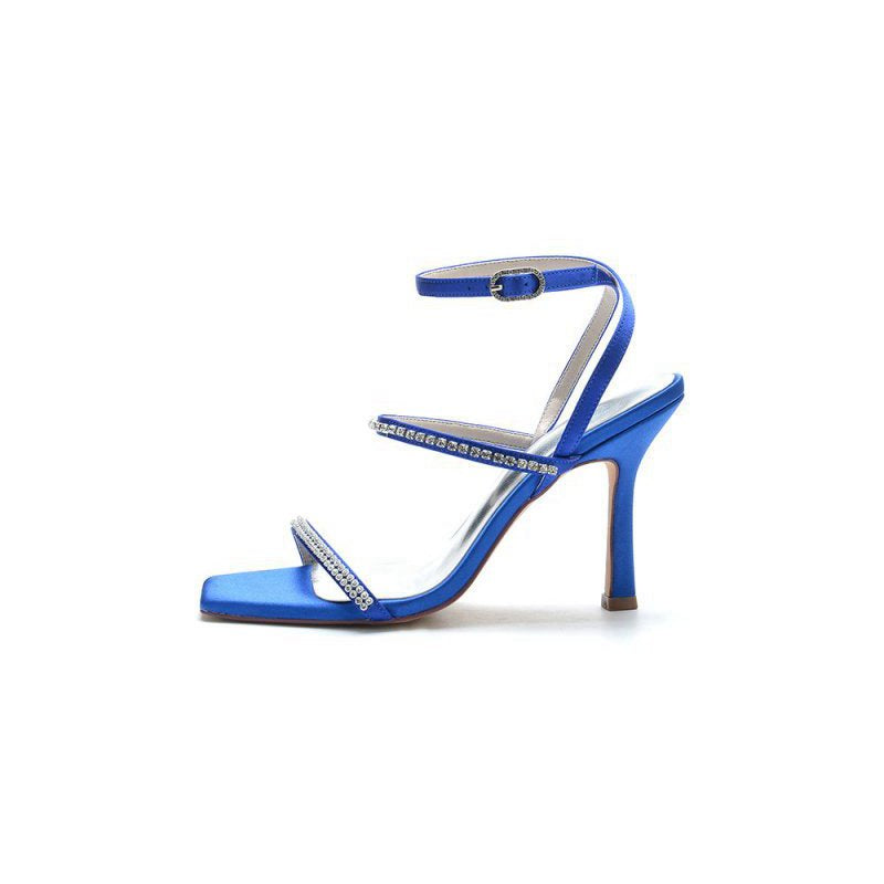 Crystal Cross Straps Square Open Toe Chunky Heels