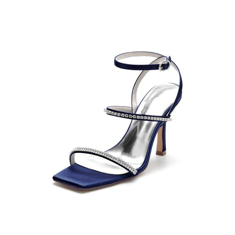Crystal Cross Straps Square Open Toe Chunky Heels