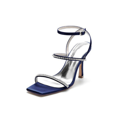Crystal Cross Straps Square Open Toe Chunky Heels