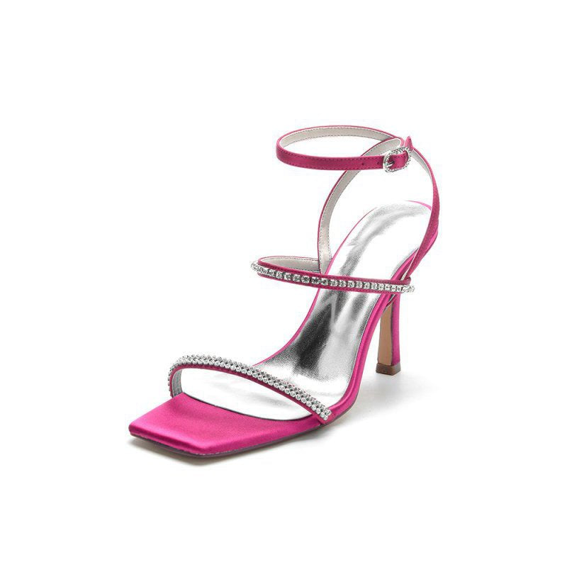 Crystal Cross Straps Square Open Toe Chunky Heels