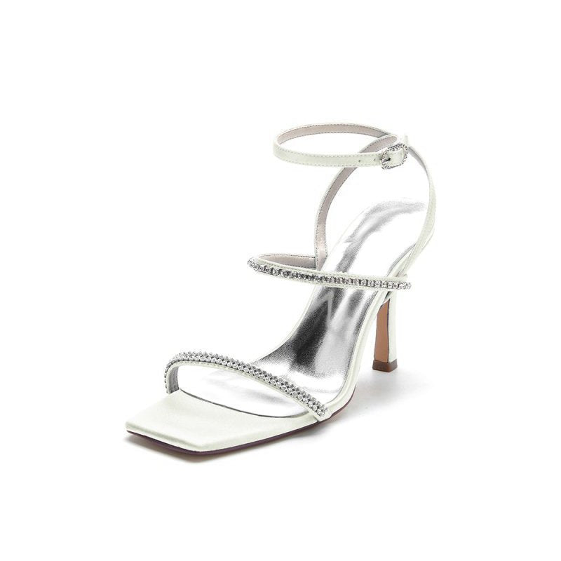 Crystal Cross Straps Square Open Toe Chunky Heels