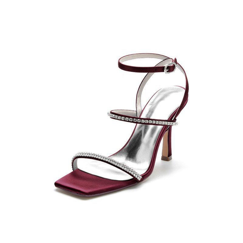 Crystal Cross Straps Square Open Toe Chunky Heels