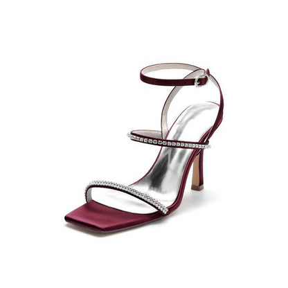 Crystal Cross Straps Square Open Toe Chunky Heels