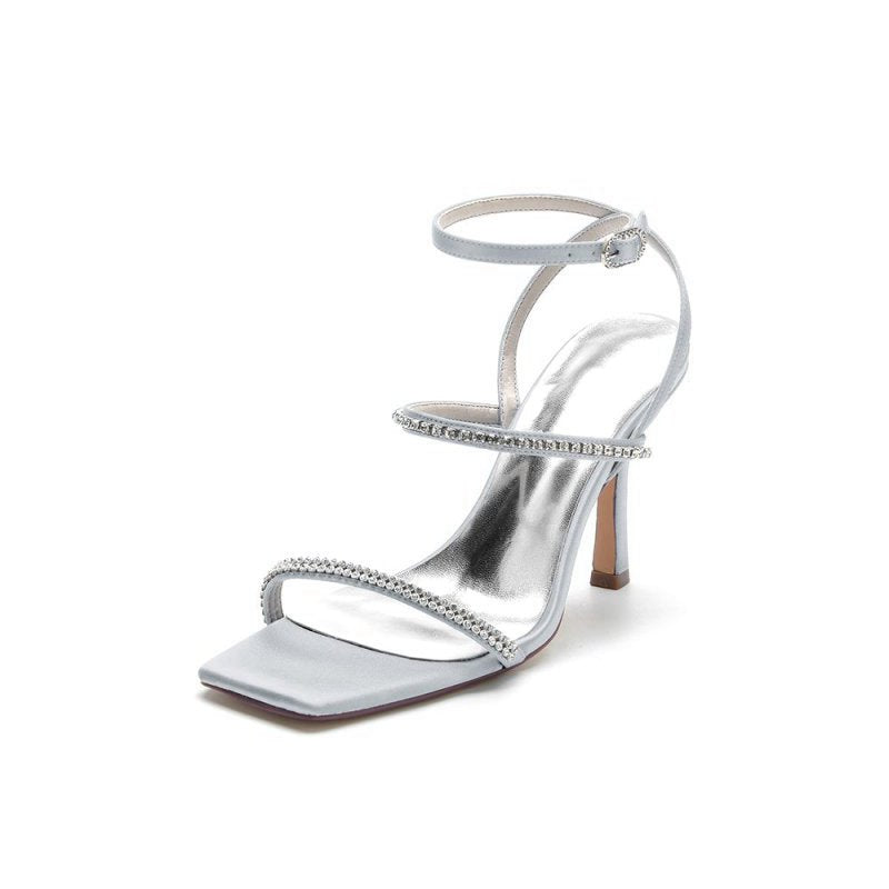 Crystal Cross Straps Square Open Toe Chunky Heels