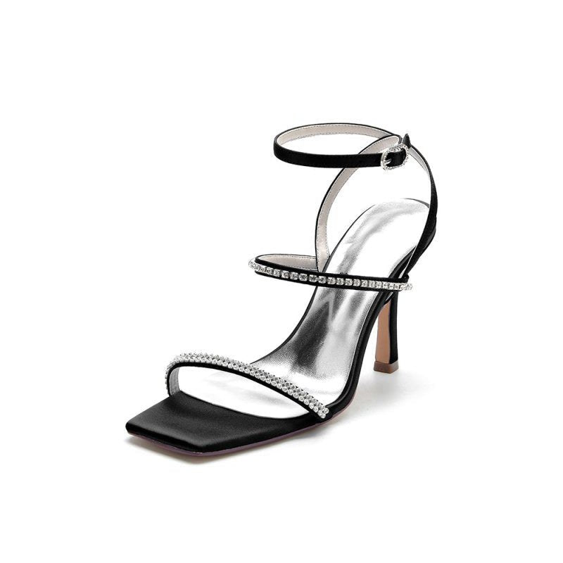 Crystal Cross Straps Square Open Toe Chunky Heels