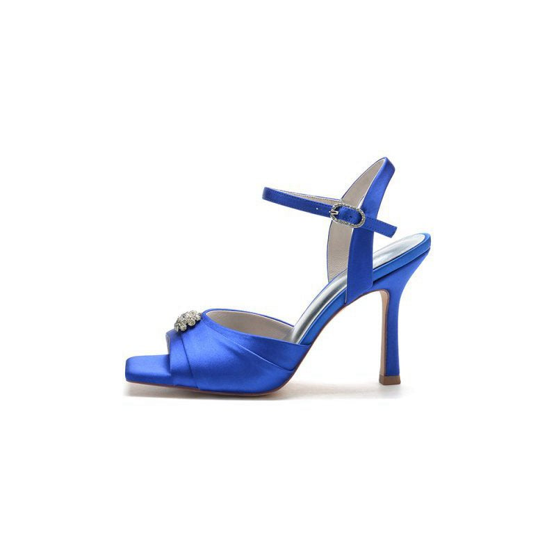 Crystal Flower Square Open Toe Cross Straps Chunky Heels