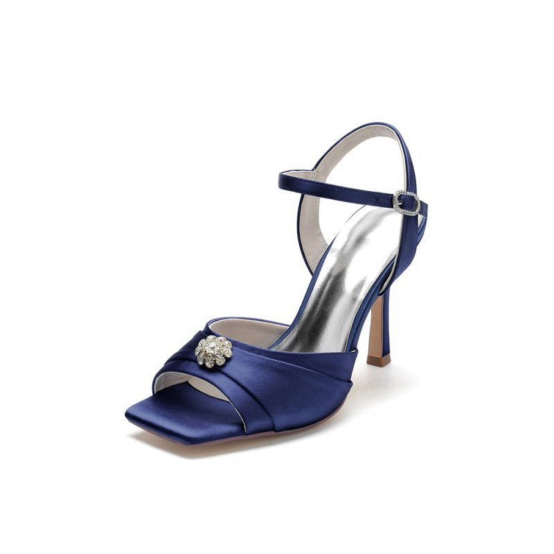 Crystal Flower Square Open Toe Cross Straps Chunky Heels