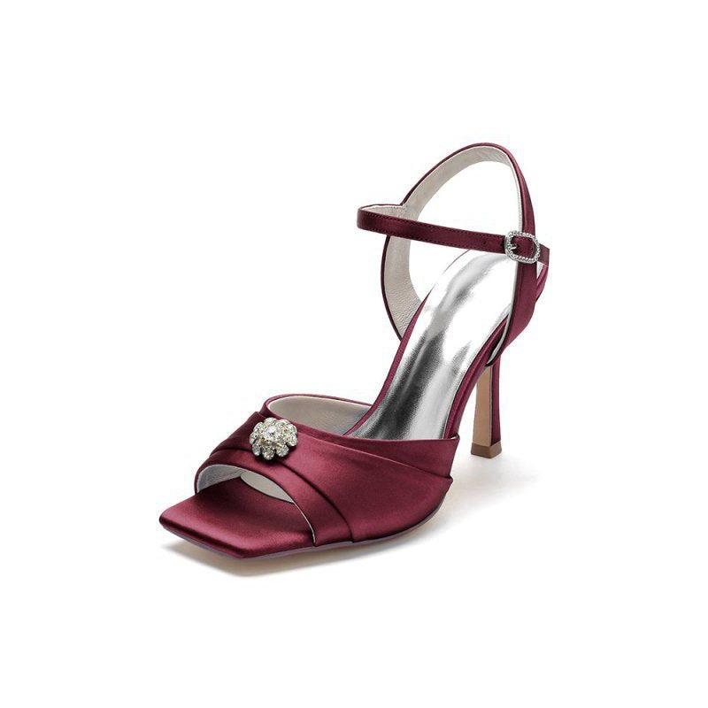 Crystal Flower Square Open Toe Cross Straps Chunky Heels