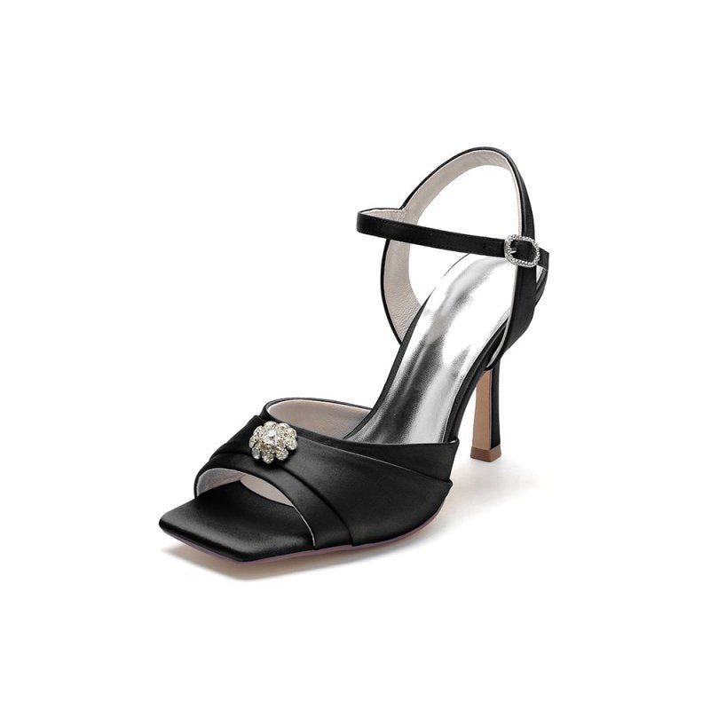 Crystal Flower Square Open Toe Cross Straps Chunky Heels