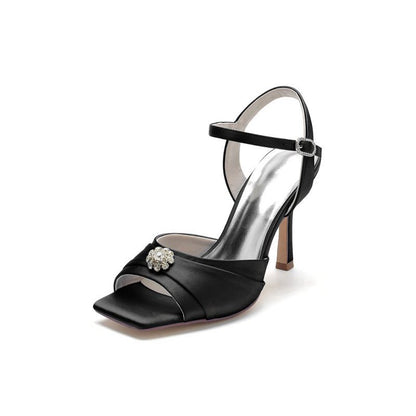 Crystal Flower Square Open Toe Cross Straps Chunky Heels
