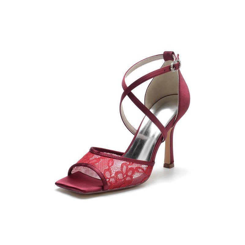 Lace Square Open Toe Cross Strap Chunky Heels