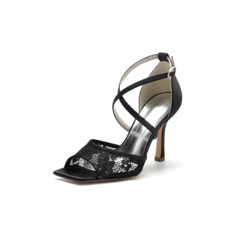 Lace Square Open Toe Cross Strap Chunky Heels