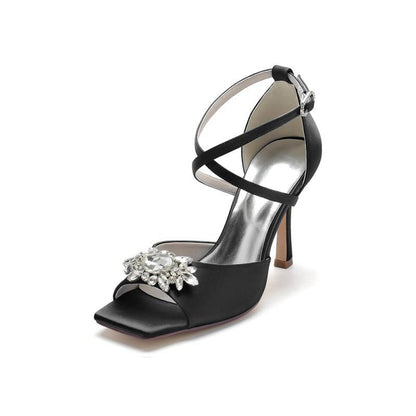 Crystal Buckle Square Open Toe Cross Straps Chunky Heels
