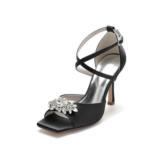 Crystal Buckle Square Open Toe Cross Straps Chunky Heels