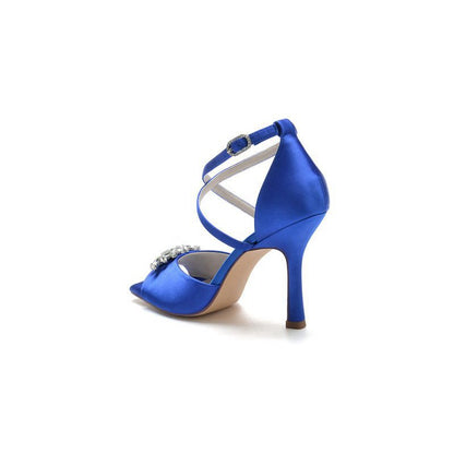 Crystal Buckle Square Open Toe Cross Straps Chunky Heels