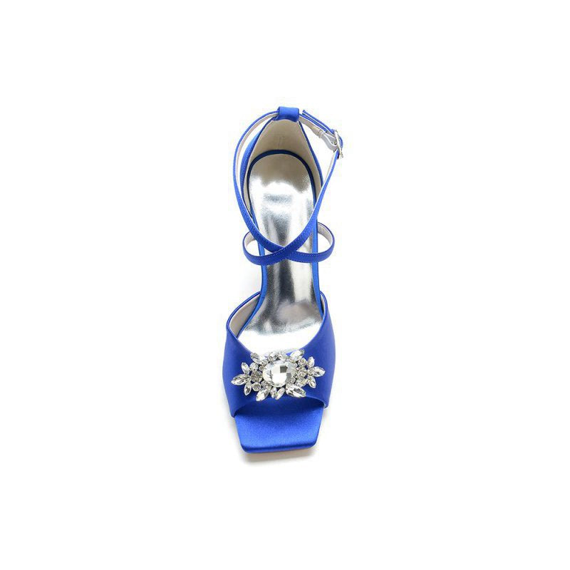 Crystal Buckle Square Open Toe Cross Straps Chunky Heels