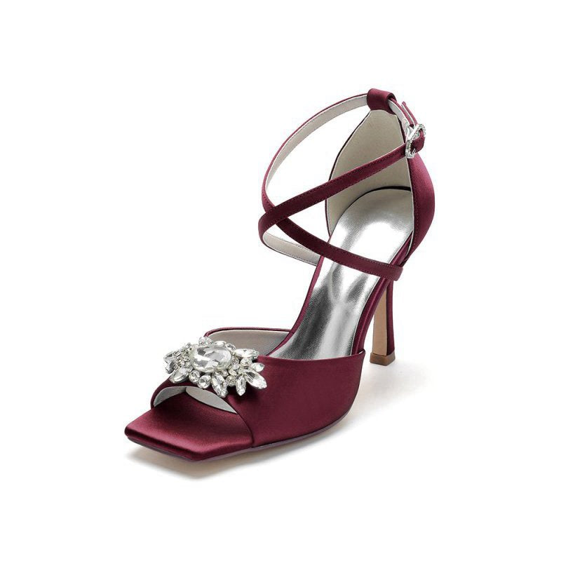 Crystal Buckle Square Open Toe Cross Straps Chunky Heels