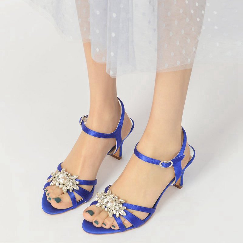 Open Toe Crystal Flower Chunky Heels