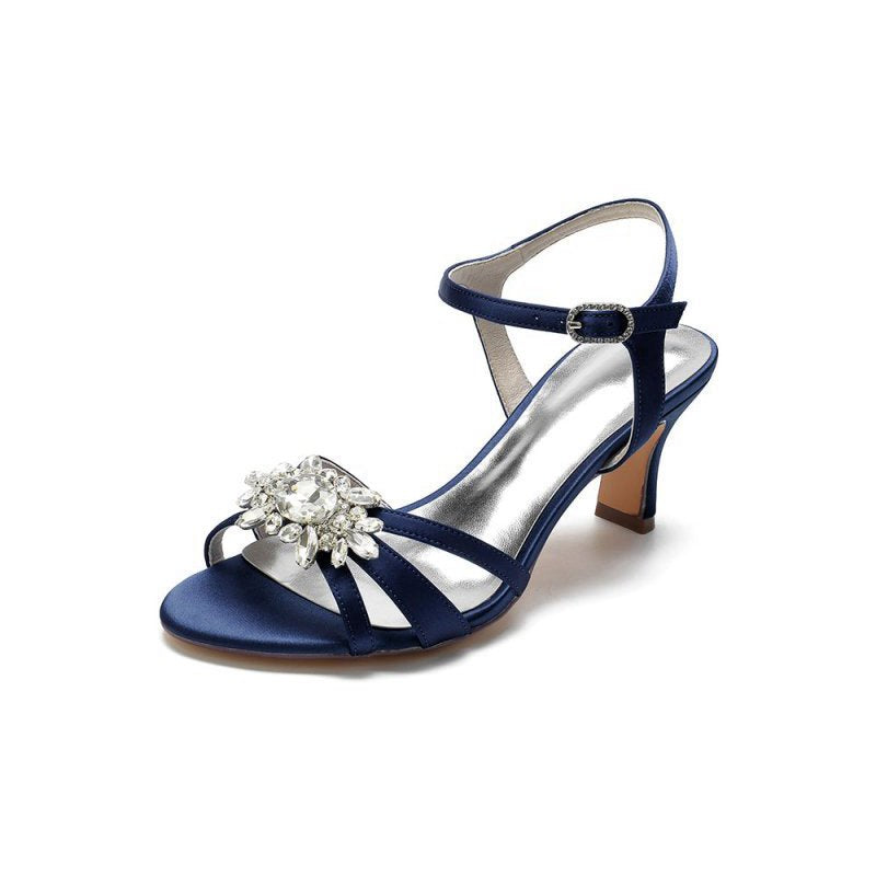 Open Toe Crystal Flower Chunky Heels