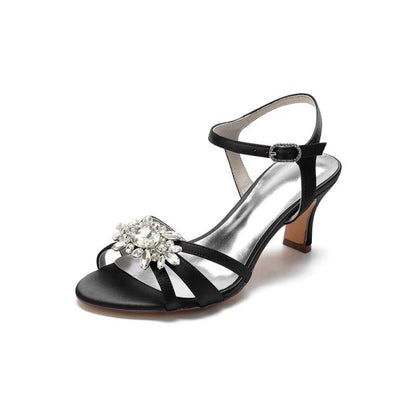 Open Toe Crystal Flower Chunky Heels