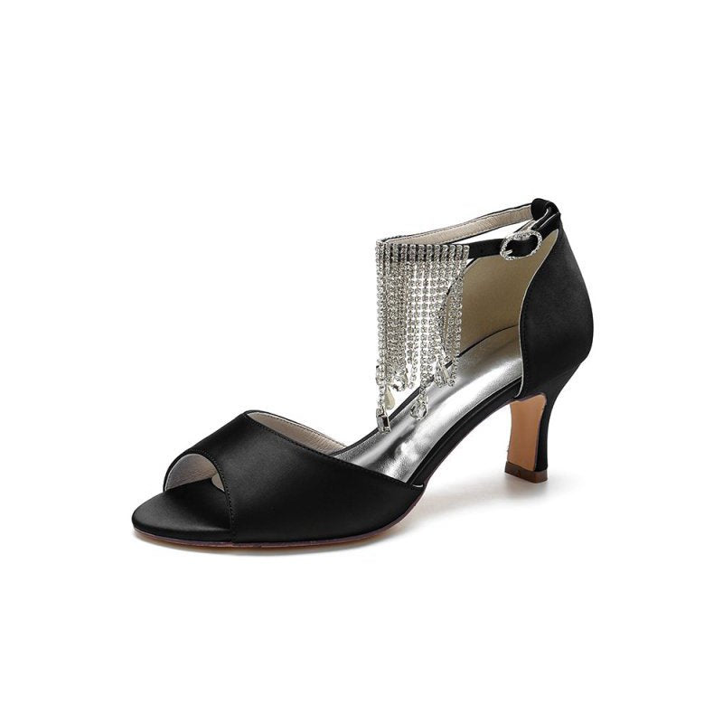 Cocktail Open Toe Tassel Strap Chunky Heels