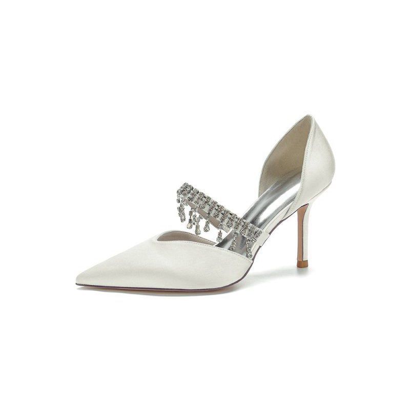 Cocktail Pointed Toe Crystal Tassel Buckle Strap Heels
