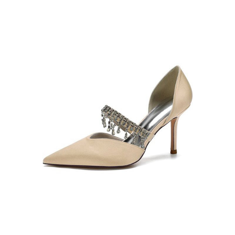 Cocktail Pointed Toe Crystal Tassel Buckle Strap Heels
