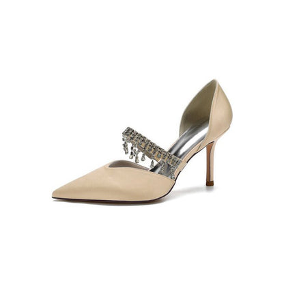 Cocktail Pointed Toe Crystal Tassel Buckle Strap Heels