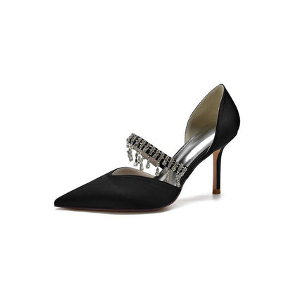 Cocktail Pointed Toe Crystal Tassel Buckle Strap Heels