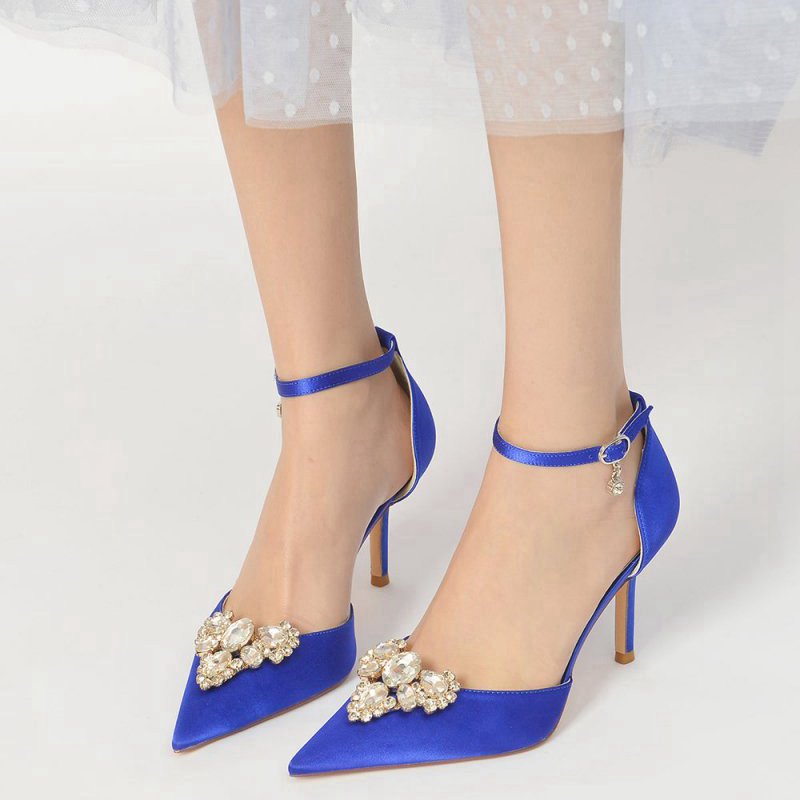 Cocktail Pointed Toe Crystal Buckle Strap Heels