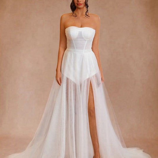 A-line Sweetheart Tulle High Split Bohemian Wedding Dresses