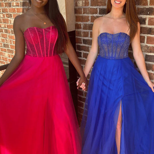 A-line Strapless Beads Empire-Waist Sleeveless Prom Dresses with Slit